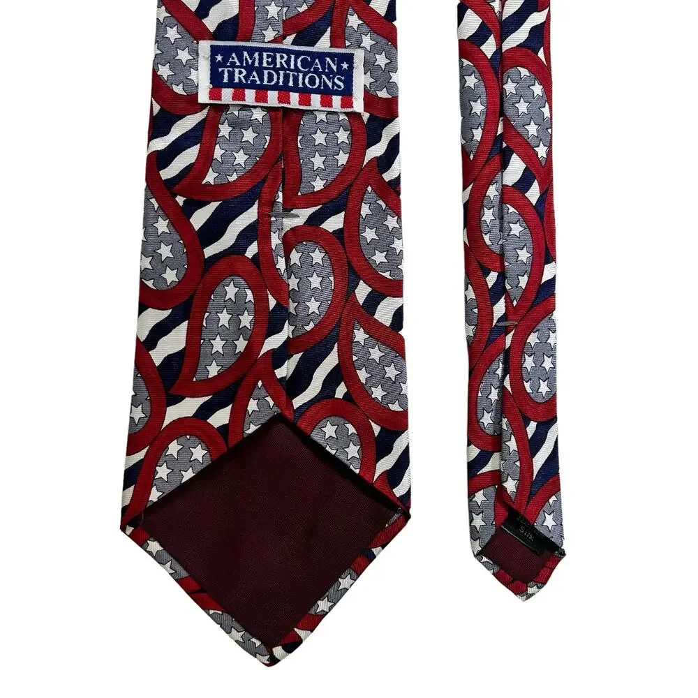 American Traditions Necktie Italian Silk Red White Blue Paisley Stars Patriotic